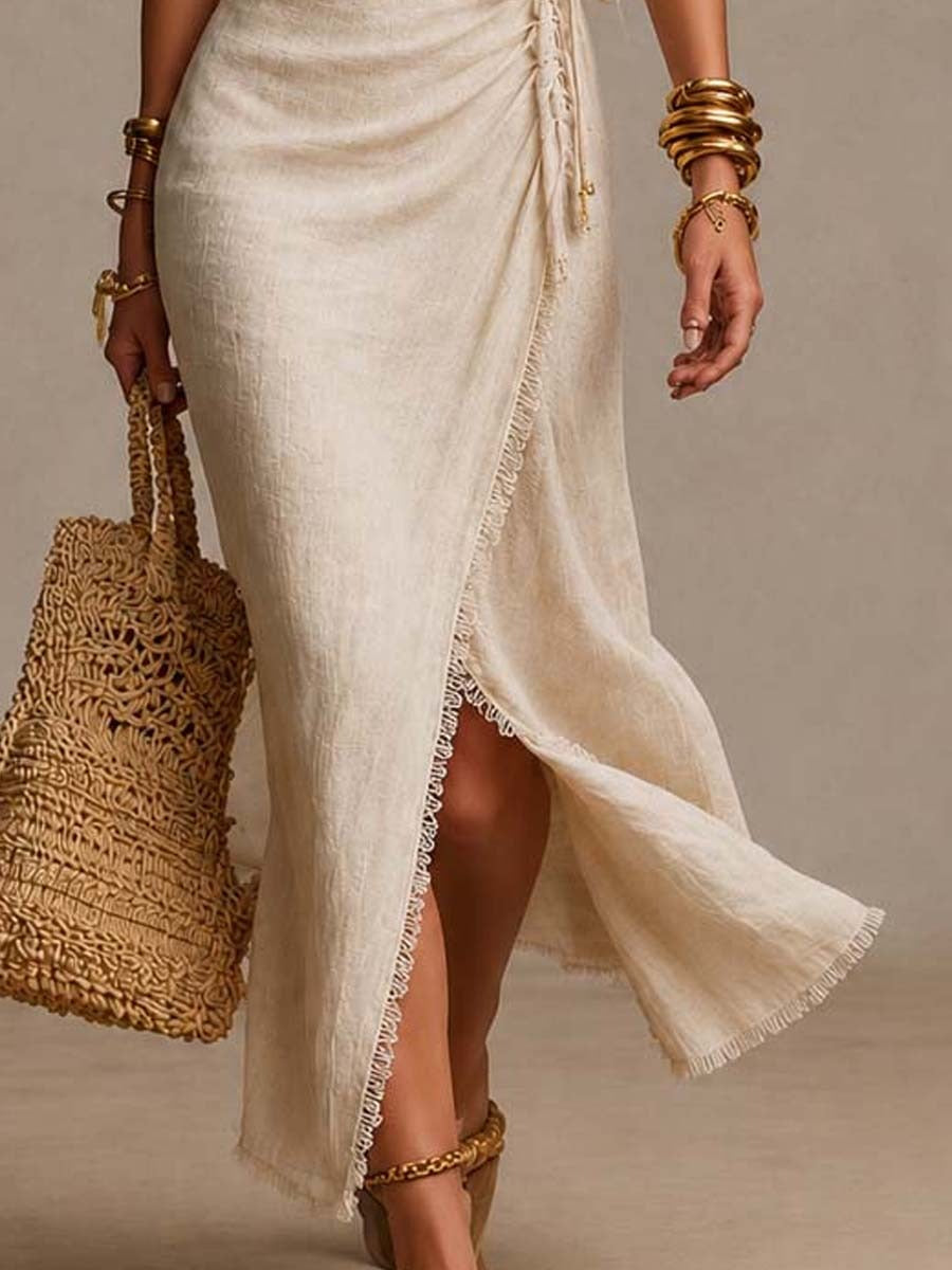 Greta - Vestido midi fruncido cruzado de lino natural con ribete de encaje.