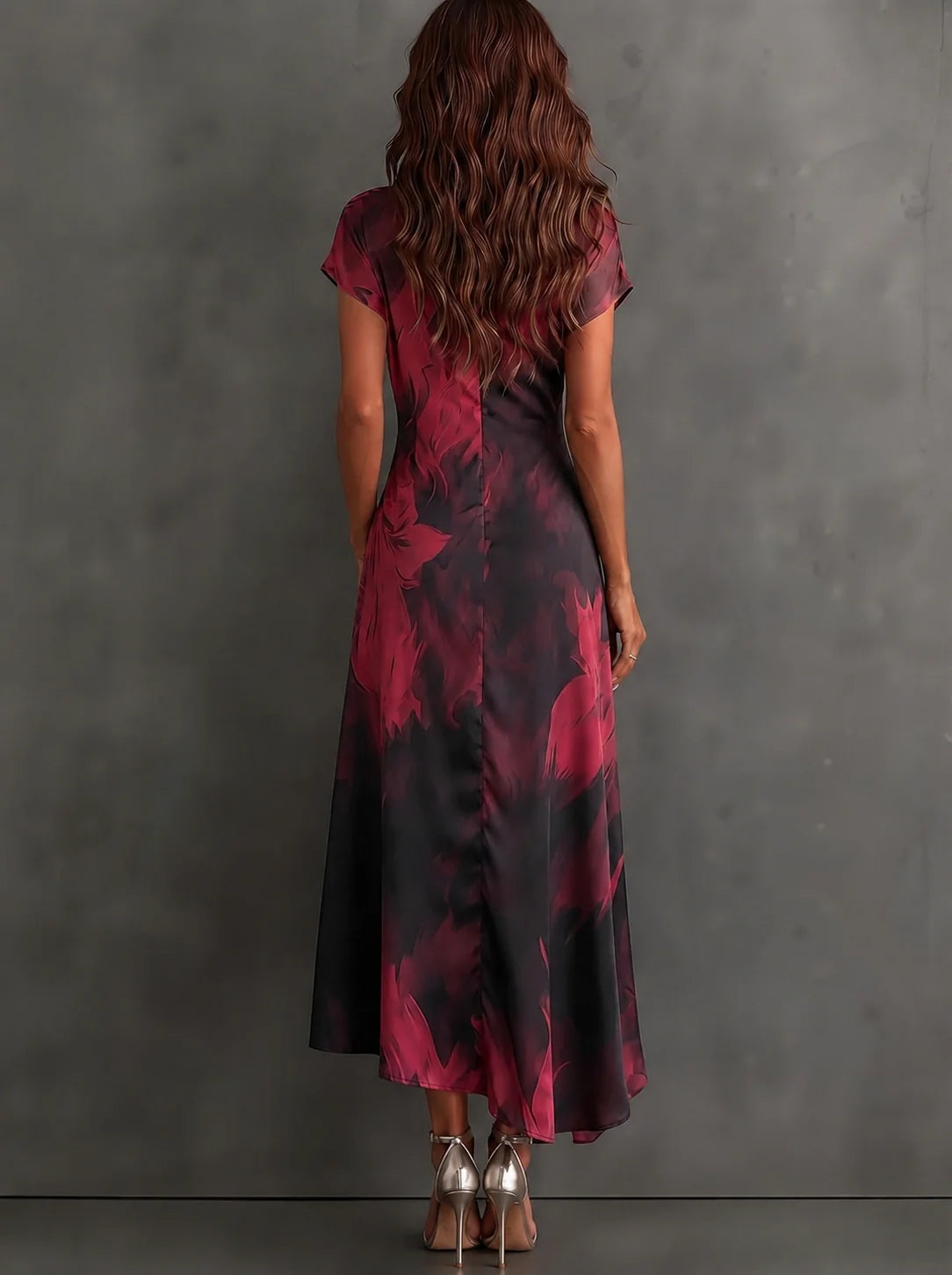 Sara - Vestido midi cruzado con estampado abstracto rojo y negro, cuello en V, manga corta, cinturón y bajo asimétrico con volantes.
