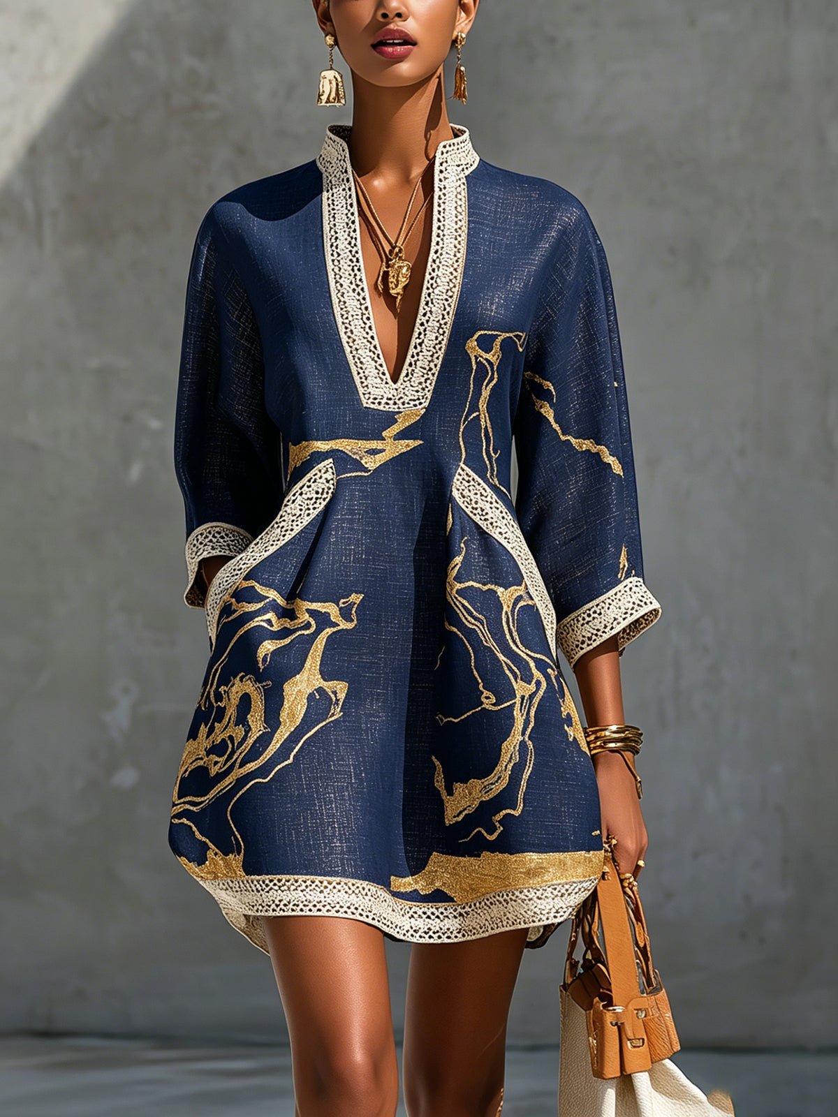 DONATELLA - VESTIDO CORTO CON ESTAMPADO MÁRMOL Y ENCAJE