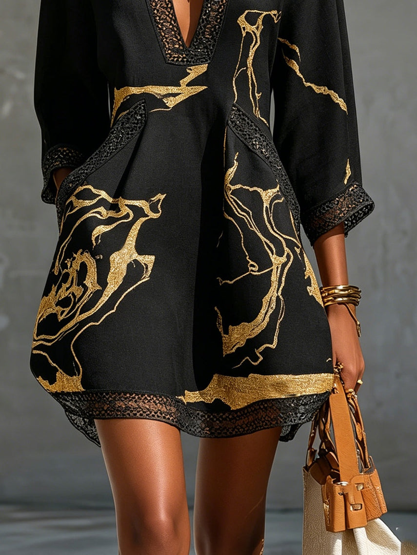 DONATELLA - VESTIDO CORTO CON ESTAMPADO MÁRMOL Y ENCAJE