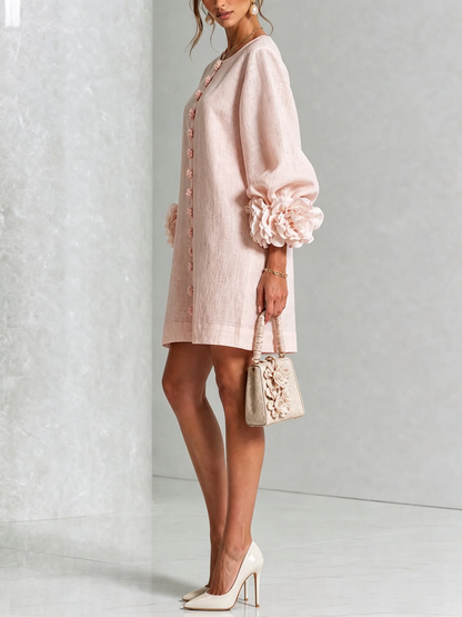 Mia - Minivestido rosa con botones y estampado floral, con llamativos puños florales.