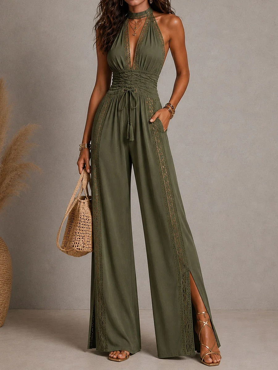 Zoe - Mono de una pieza estilo bohemio elegante con paneles de encaje, cintura fruncida y pernera ancha.