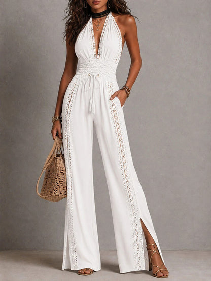 Zoe - Mono de una pieza estilo bohemio elegante con paneles de encaje, cintura fruncida y pernera ancha.