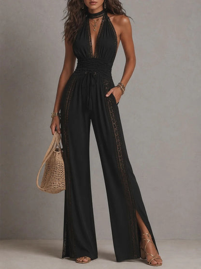 Zoe - Mono de una pieza estilo bohemio elegante con paneles de encaje, cintura fruncida y pernera ancha.