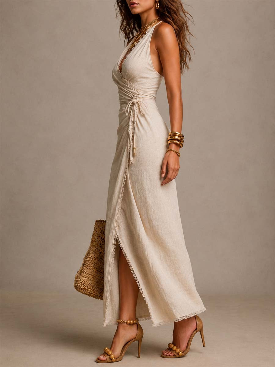Greta - Vestido midi fruncido cruzado de lino natural con ribete de encaje.